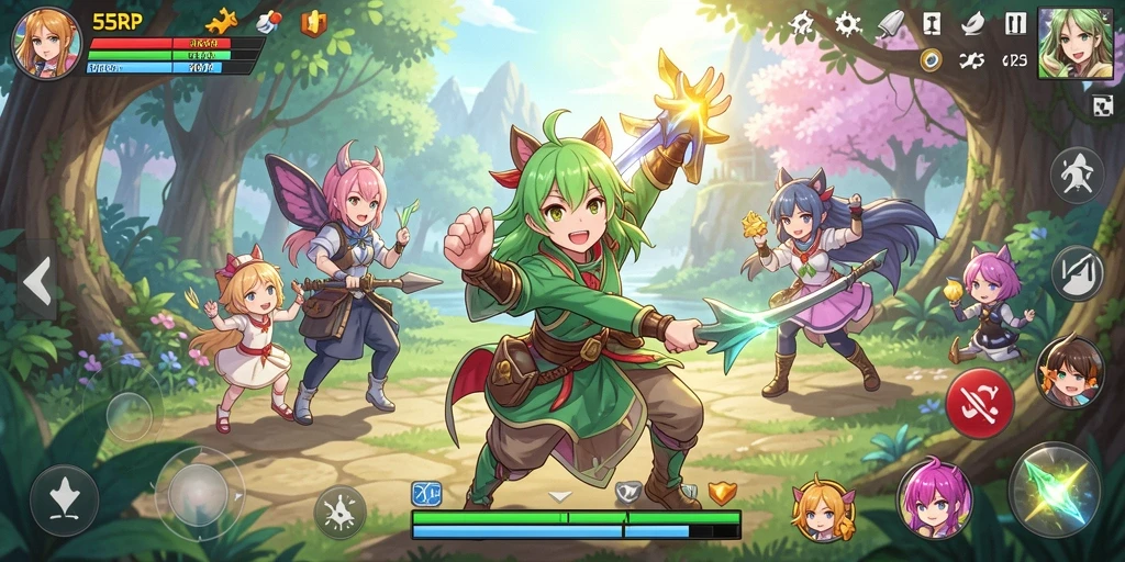 Tampilan gameplay menarik dalam 55RP yang menampilkan karakter anime.