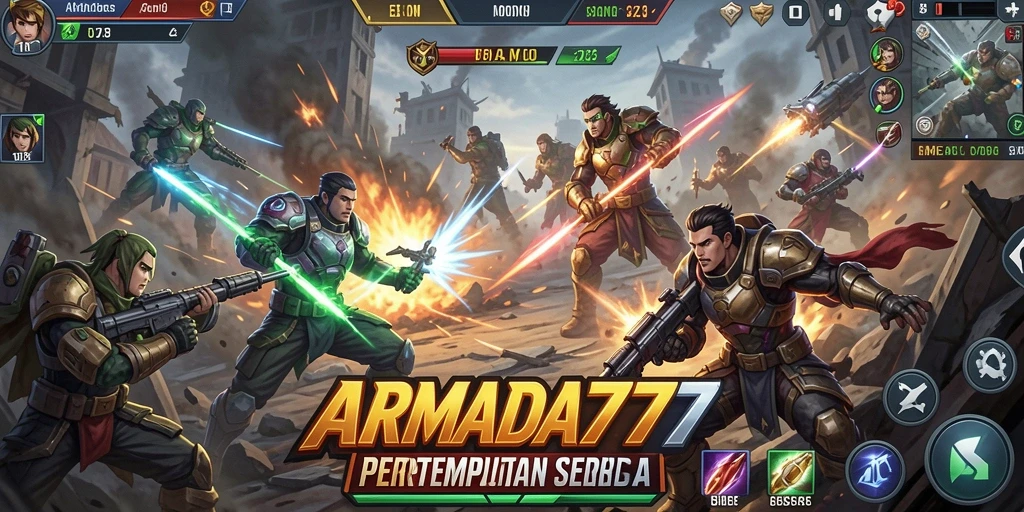Screenshot utama ARMADA777 menampilkan aksi intens dalam arena MOBA.