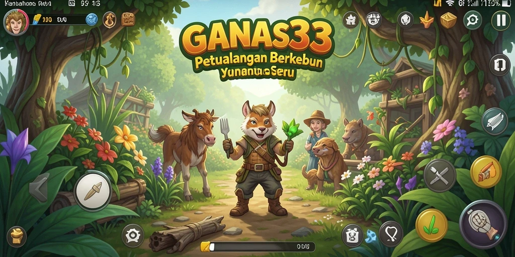 Screenshot permainan GANAS33 menampilkan ladang hijau yang subur dan hewan ternak.