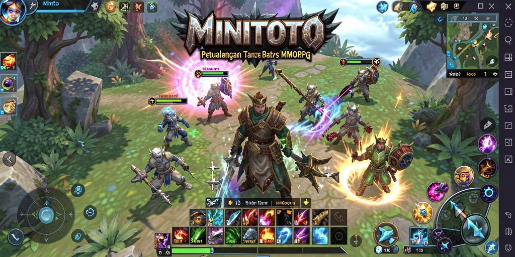 Screenshot gameplay MINITOTO menunjukkan pertempuran epik di dunia MMORPG.