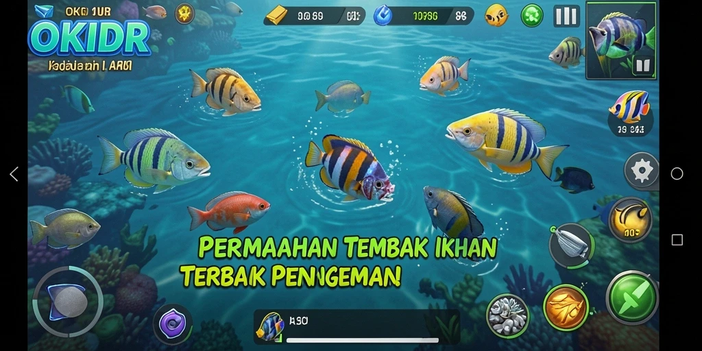 Screenshot gameplay OKIDR dengan aksi menembak ikan yang seru.