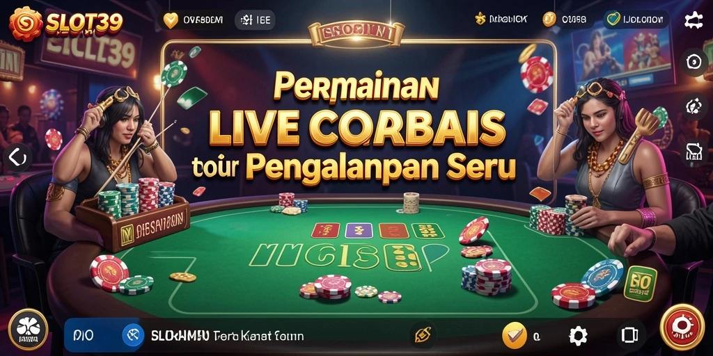 Screenshot gameplay <strong>SLOT39</strong> yang menampilkan dealer langsung dan suasana kasino yang meriah.