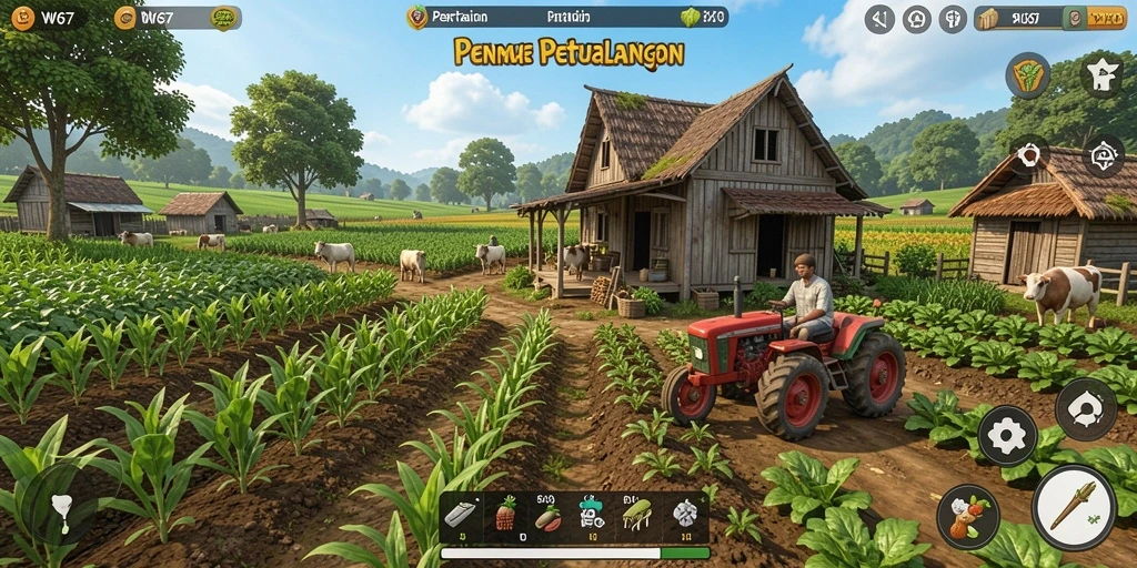 Tangkapan layar dari gameplay W67 yang menampilkan petualangan bercocok tanam yang seru.